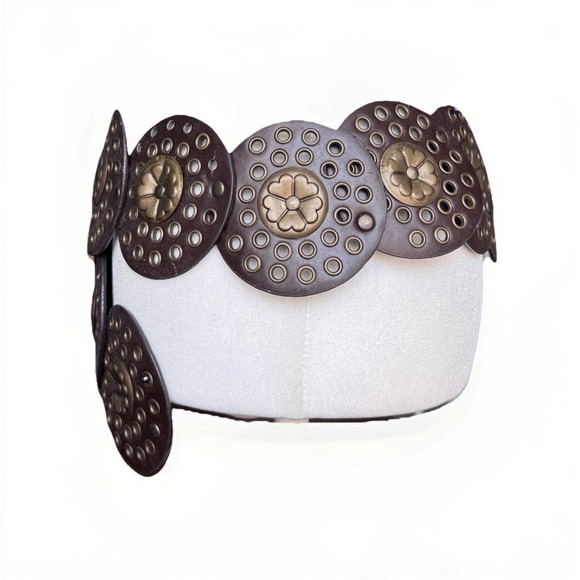 Women's Brown Concho Belt Brass Disc Buckle Coachella Festival Fit Western Boho - Picture 5 of 16